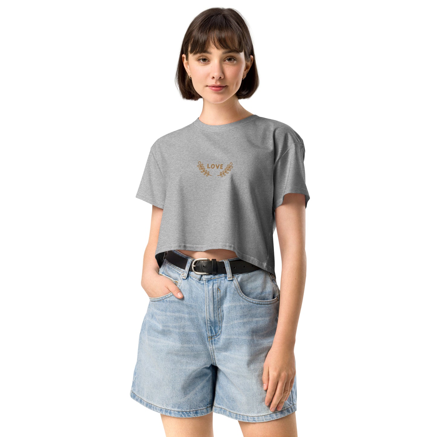 Women’s longer crop top t-shirt embroidered LOVE emblem