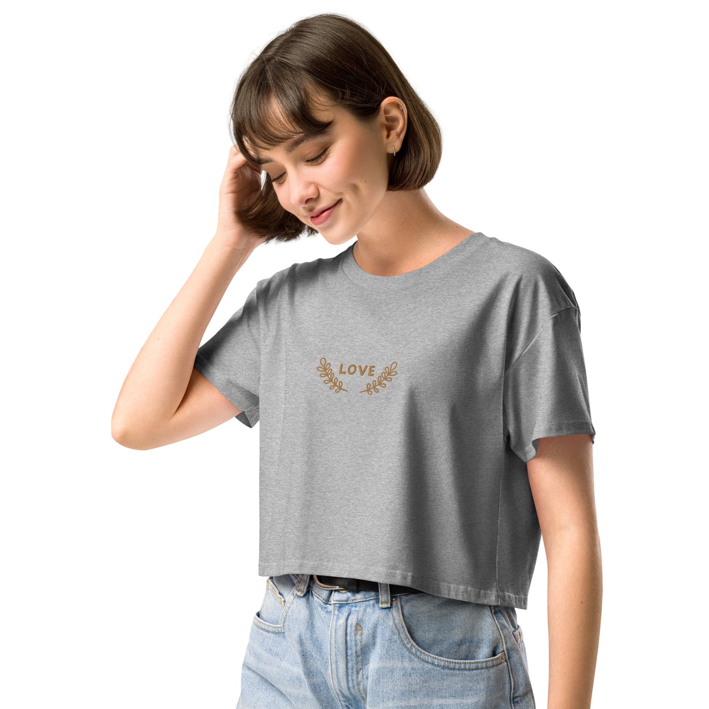 Women’s longer crop top t-shirt embroidered LOVE emblem