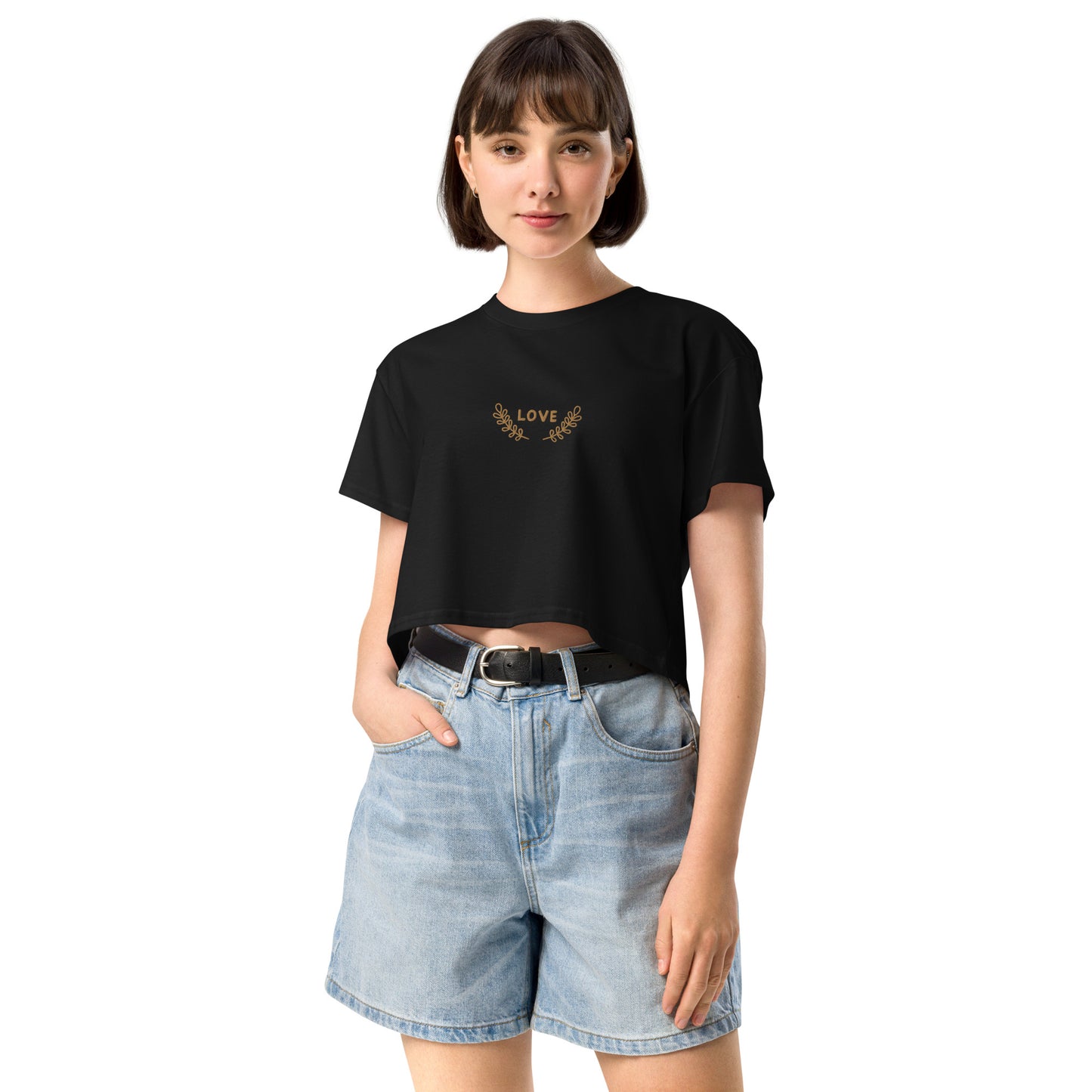 Women’s longer crop top t-shirt embroidered LOVE emblem