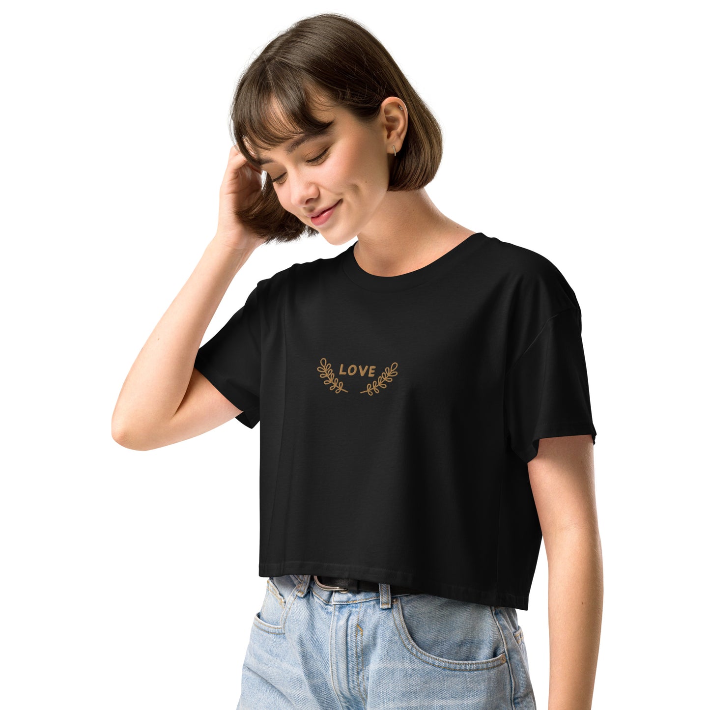 Women’s longer crop top t-shirt embroidered LOVE emblem