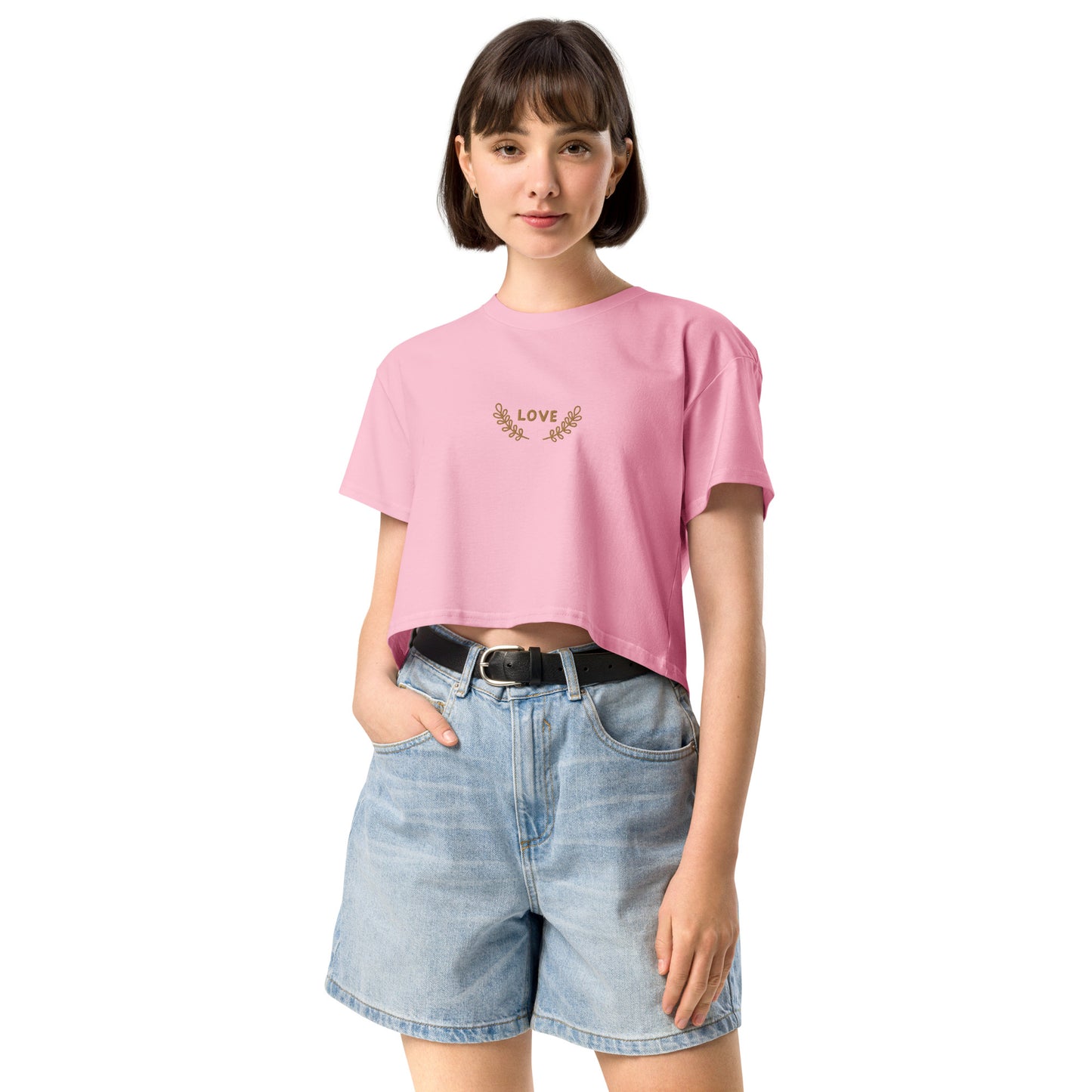 Women’s longer crop top t-shirt embroidered LOVE emblem
