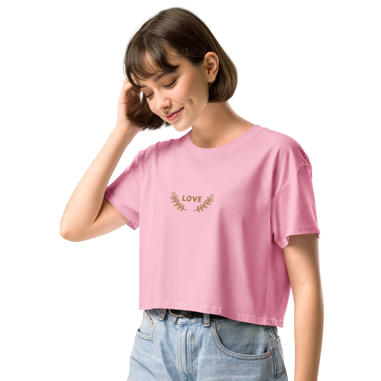 Women’s longer crop top t-shirt embroidered LOVE emblem