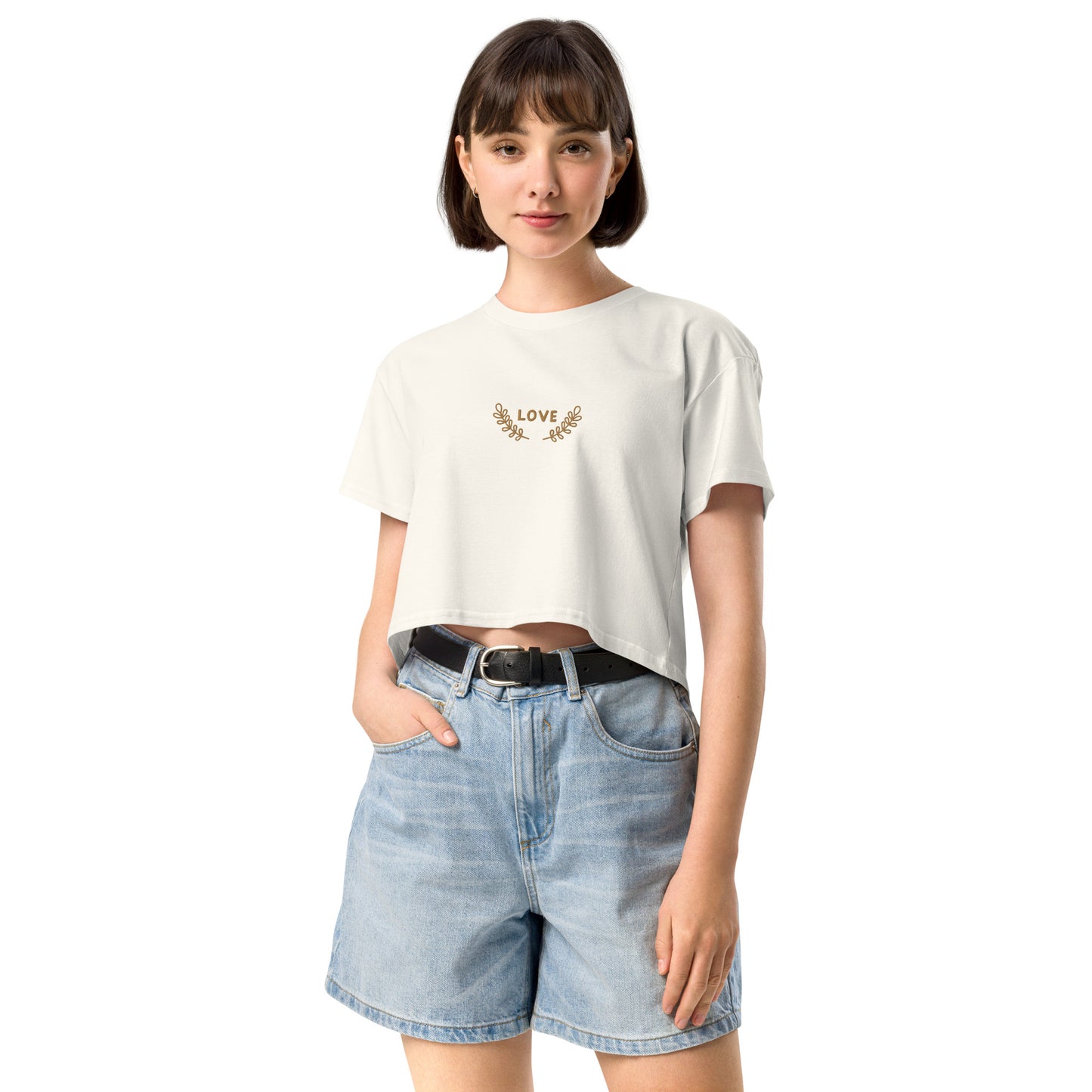 Women’s longer crop top t-shirt embroidered LOVE emblem
