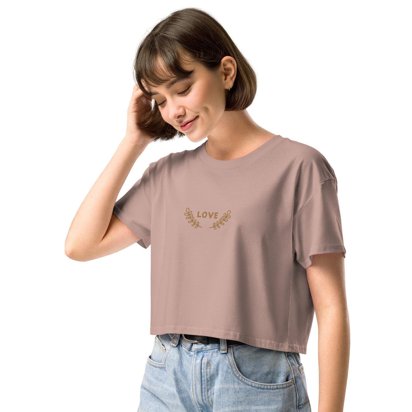 Women’s longer crop top t-shirt embroidered LOVE emblem