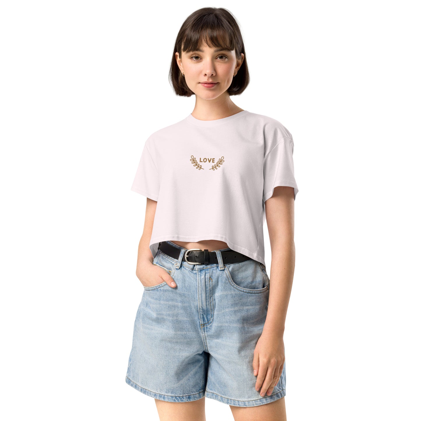 Women’s longer crop top t-shirt embroidered LOVE emblem