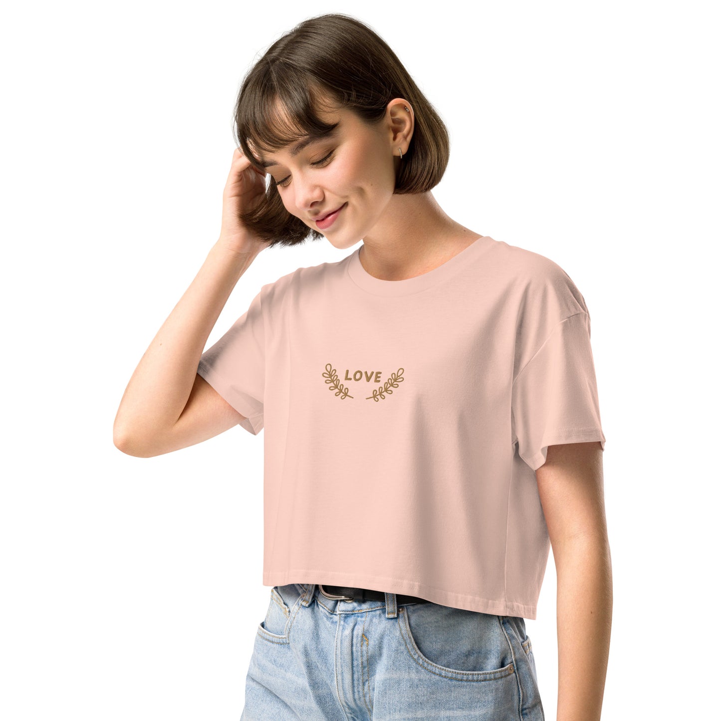 Women’s longer crop top t-shirt embroidered LOVE emblem
