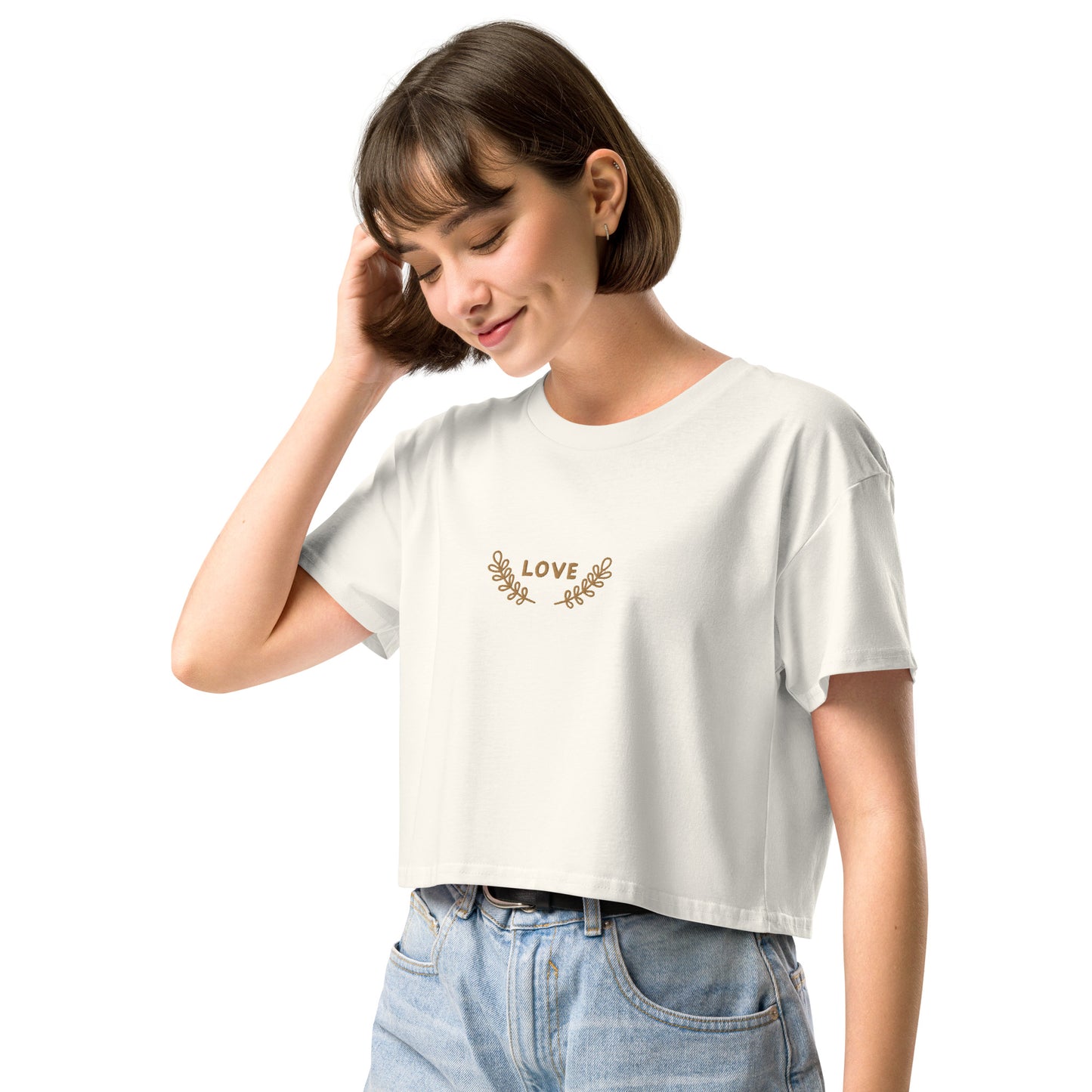 Women’s longer crop top t-shirt embroidered LOVE emblem