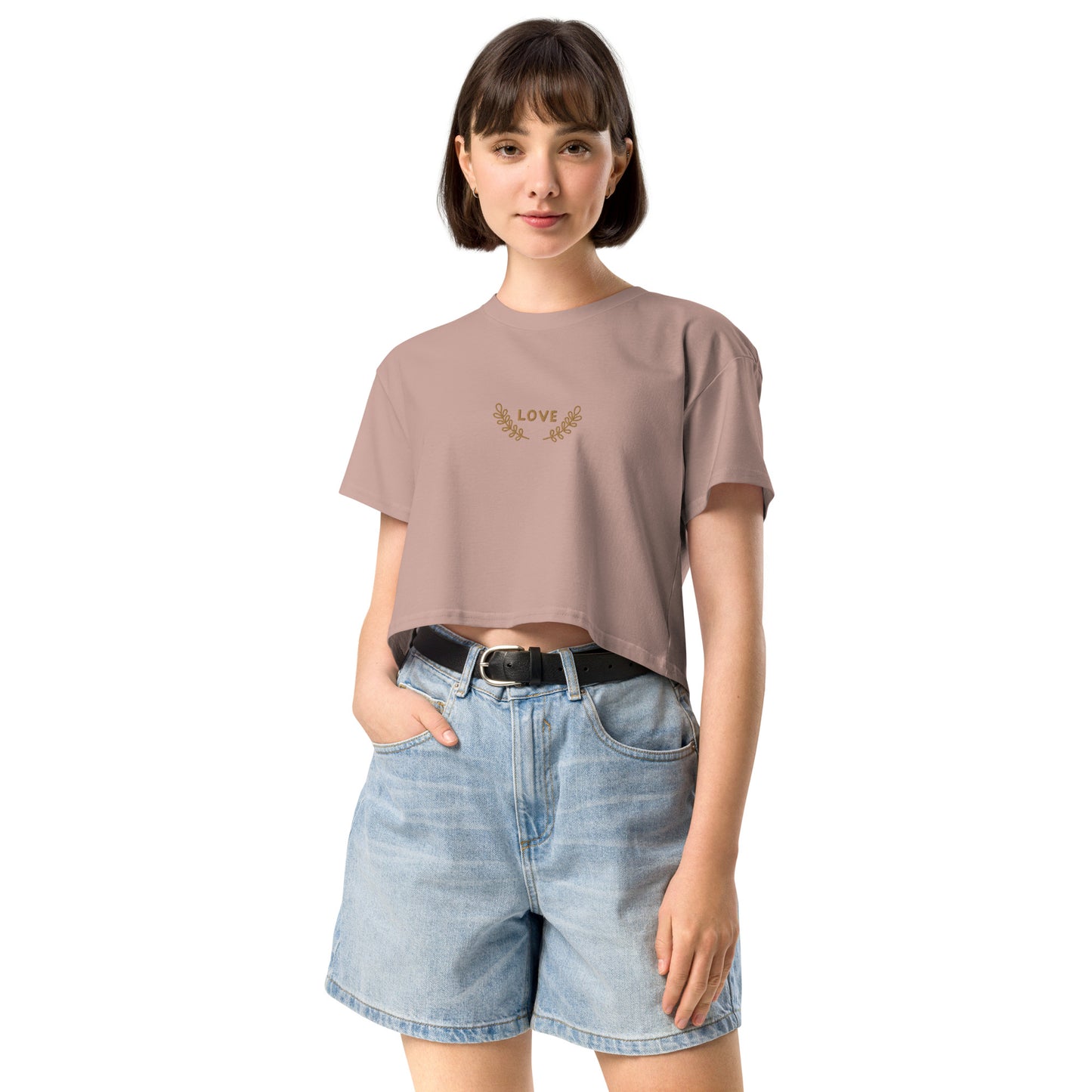 Women’s longer crop top t-shirt embroidered LOVE emblem